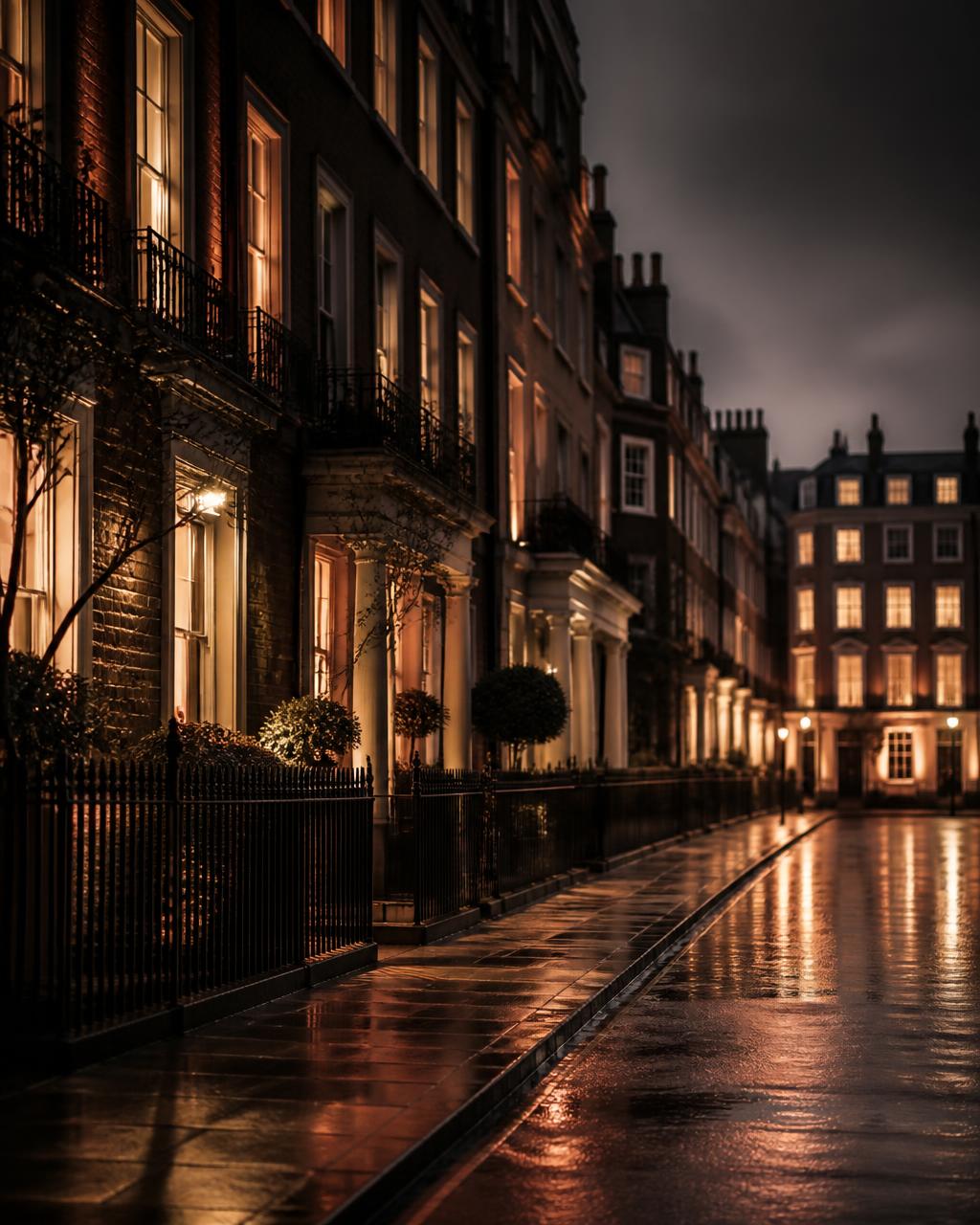 Mayfair townhouses at dusk